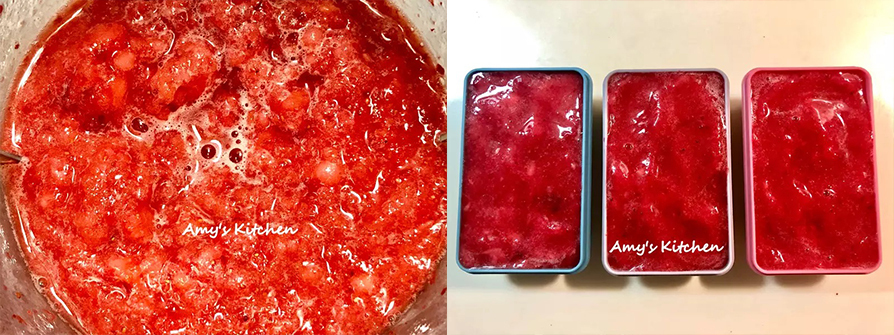 3.打成泥狀，可以不用太細吃起來才有果粒，口感更好。  4.倒進製冰盒裡。（我用矽膠製冰盒很好脫模）
