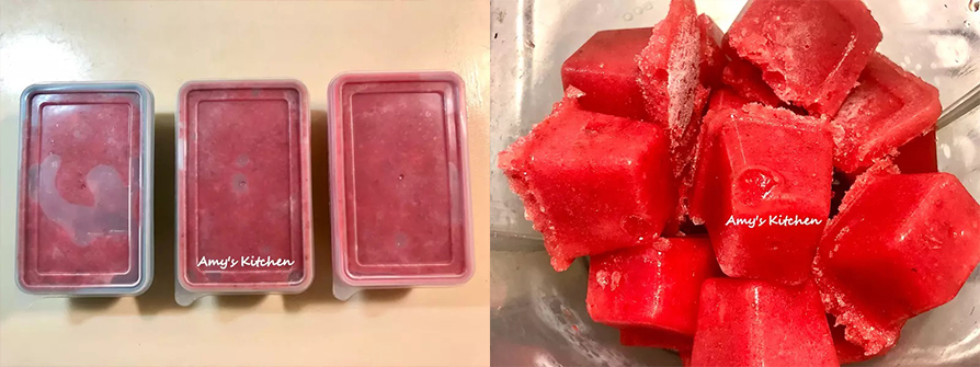 5.蓋上製冰盒蓋子，比較衛生，若沒蓋子可蓋保鮮膜，冷凍8個小時。  6.冷凍好取出脫模，用果汁機打碎。