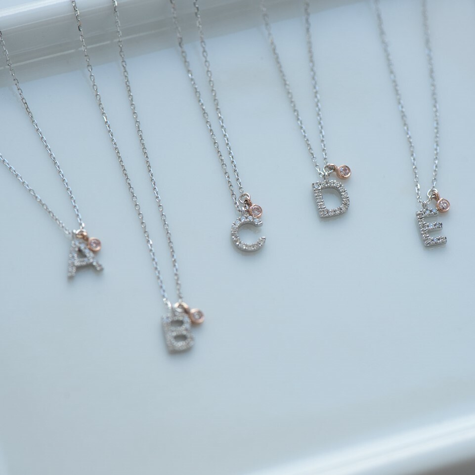 18K Initial Diamond Necklace with Pink Diamond