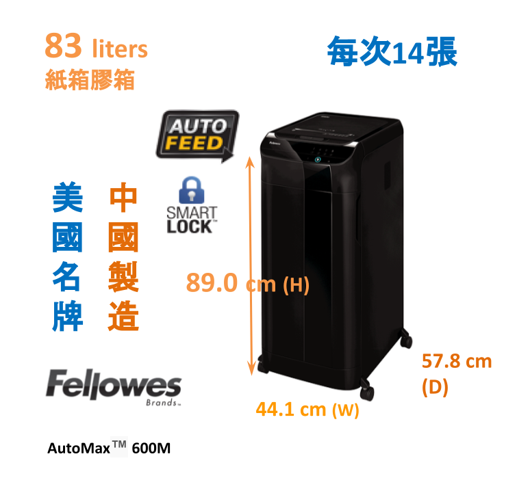 Fellowes AutoMax™ 600M (2x12mm) Cross-Cut Shredder 粒狀碎紙 P5 保密 每次碎紙14張，83公升紙箱容量 中國製造