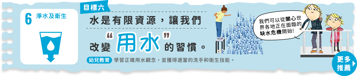 目標6淨水及衛生:水是有限資源，讓我們改變用水的習慣。