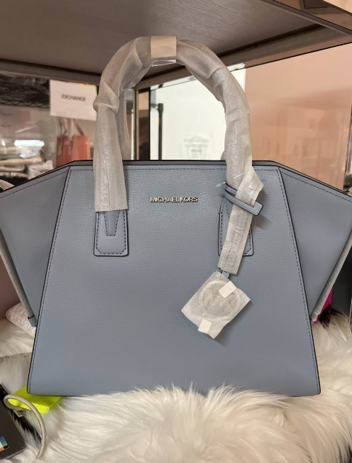 [S] MICHAEL KORS AVRIL LG TZ LEATHER SATCHEL BAG,PALE BLUE, 19490088192 (SMK109)