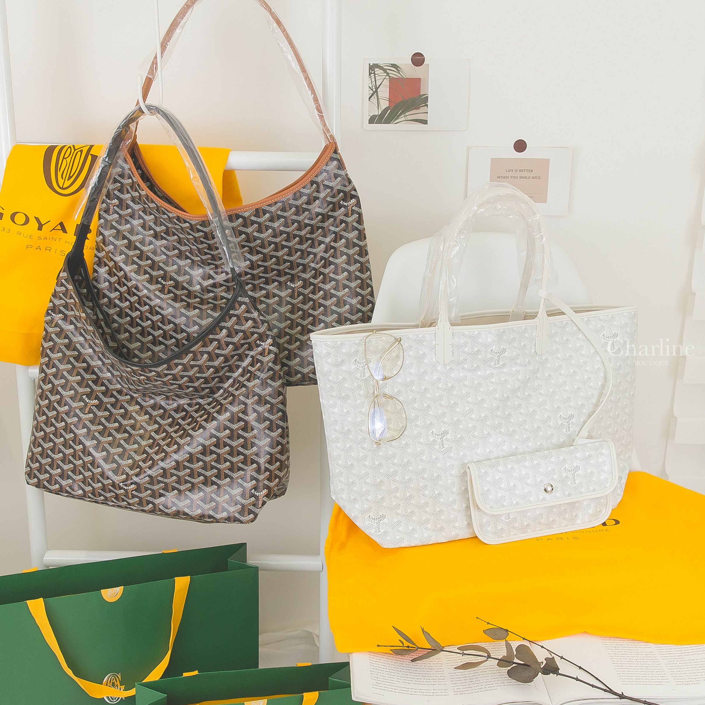 Goyard 黑色手提肩背包,Goyard 黑色拼咖啡色滾邊手提肩背包,Goyard 白色白提把小型無拉鍊托特包,Prada 藍色偏光飛行員邊框側邊白色三角金字Logo平光眼鏡-Charline Boutique 精品代購