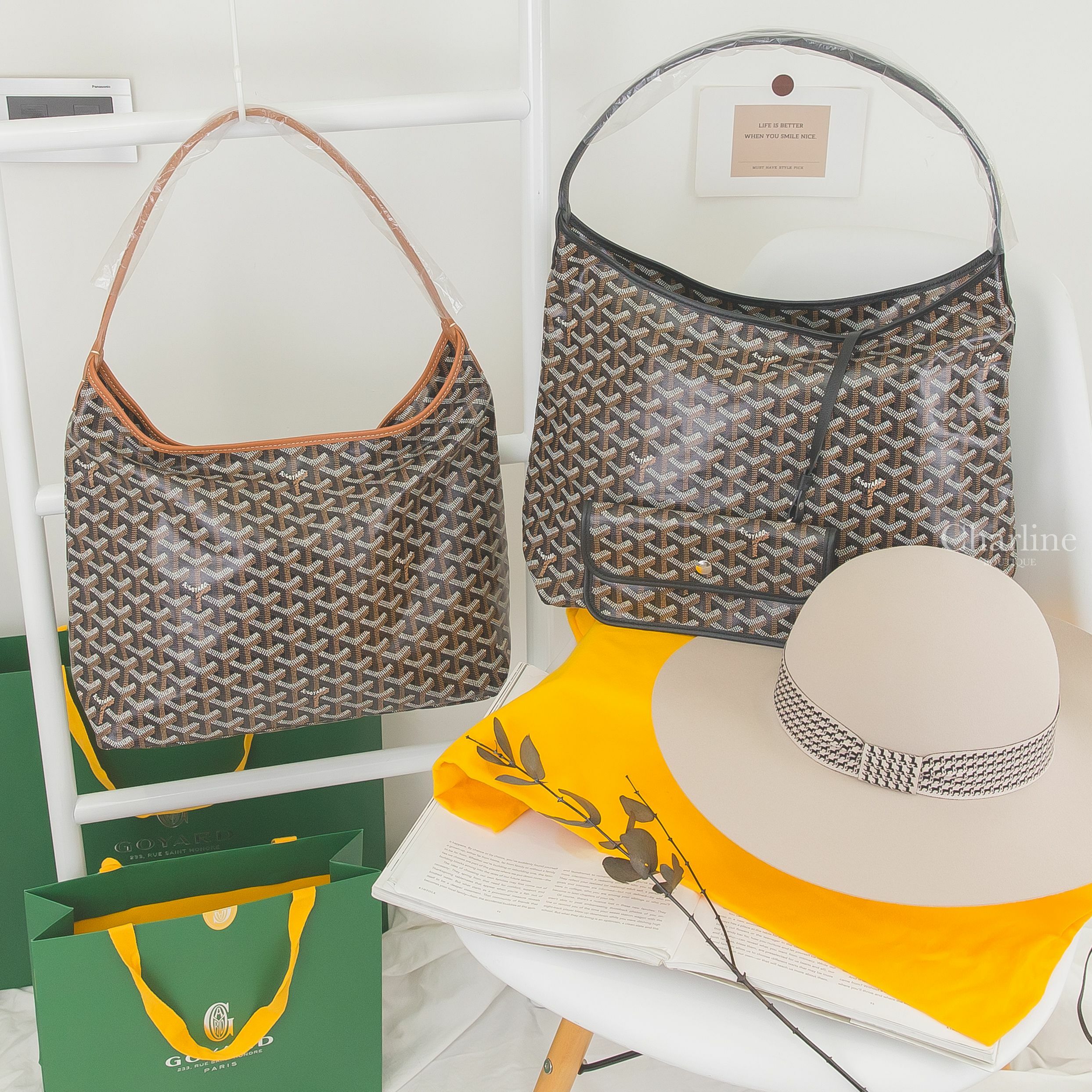 Goyard Bohème Hobo Bag 黑色手提肩背包,Goyard Bohème Hobo Bag 黑色拼咖啡色滾邊手提肩背包-Charline Boutique 精品代購