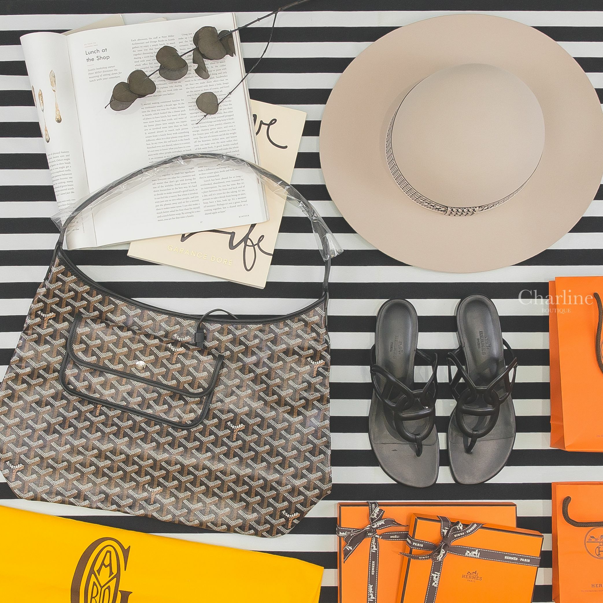 Goyard Bohème Hobo Bag 黑色手提肩背包,Hermès Beach Sandal 黑色θ牛皮人字平底拖鞋-Charline Boutique 精品代購