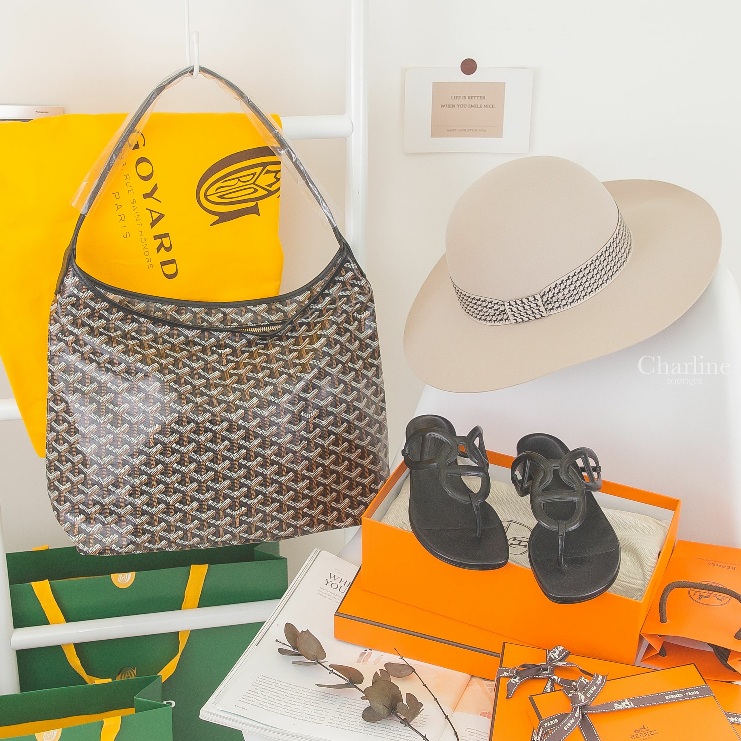 Goyard Bohème Hobo Bag 黑色手提肩背包,Hermès Beach Sandal 黑色θ牛皮人字平底拖鞋-Charline Boutique 精品代購