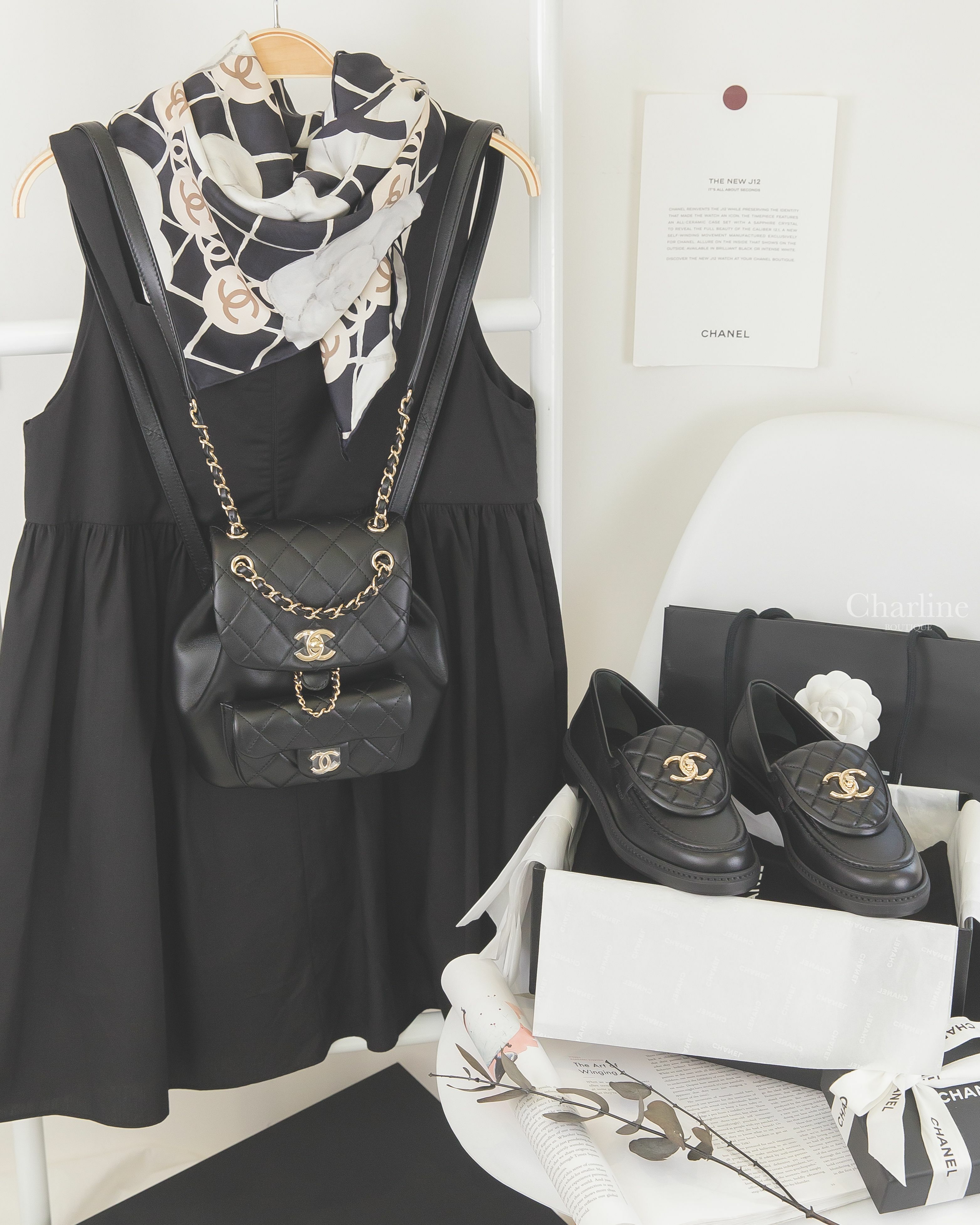 Chanel Backpack 黑色金CC金鍊羊皮菱格紋手提後背包,Chanel Square Scarf 黑底白色山茶花CC格紋真絲方巾,Chanel Loafers 黑色金CC小羊皮菱格紋樂福鞋-Charline Boutique 精品代購