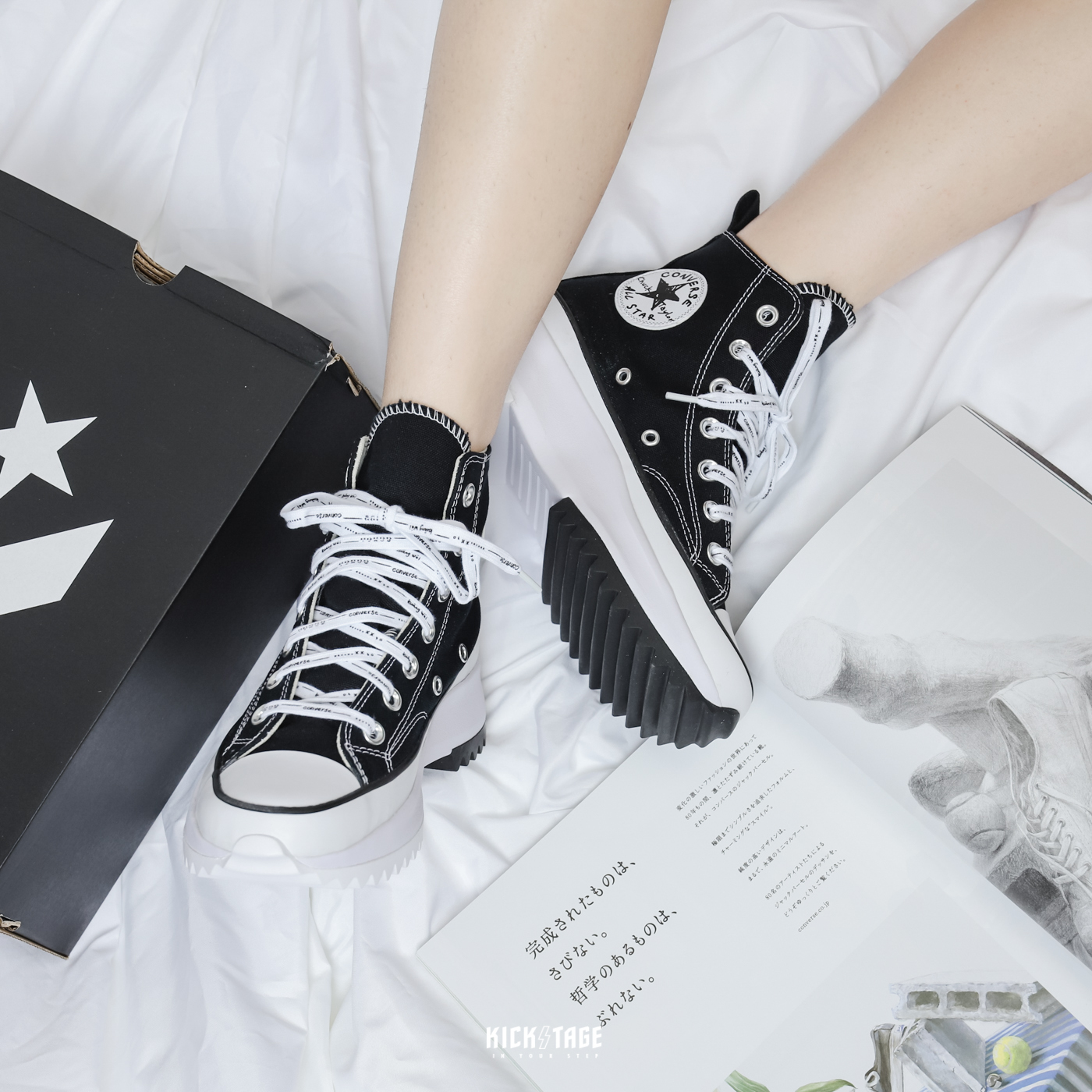 <特價，不退換> Converse 帆布鞋 Run Star Hike 黑 白 手繪風 塗鴉 插畫 增高 鋸齒 厚底 高筒【A03753C】RSMOTION