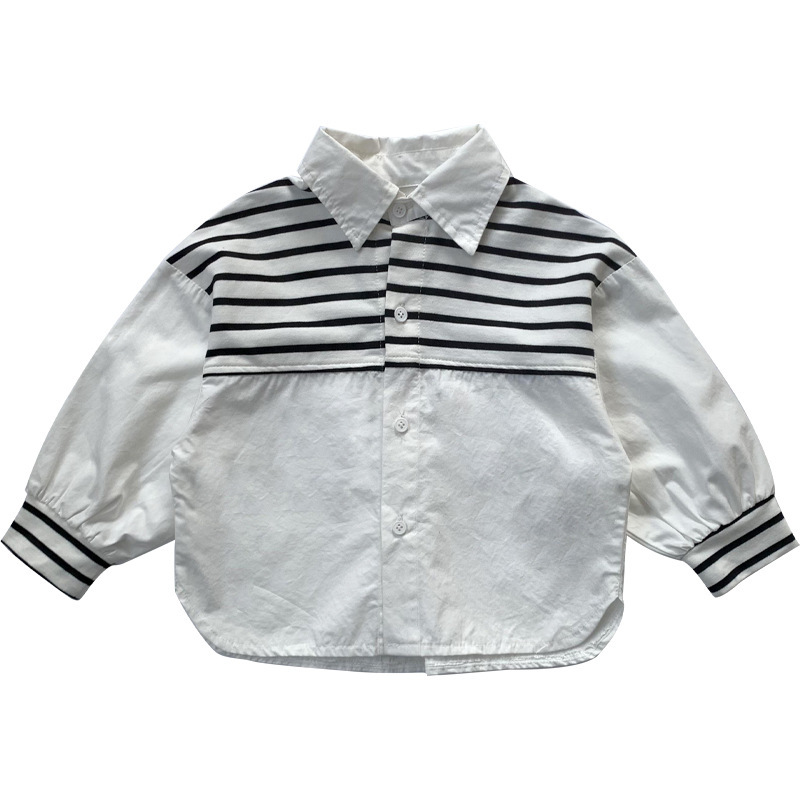 O05WE_韓風白色間條併色長袖Tee