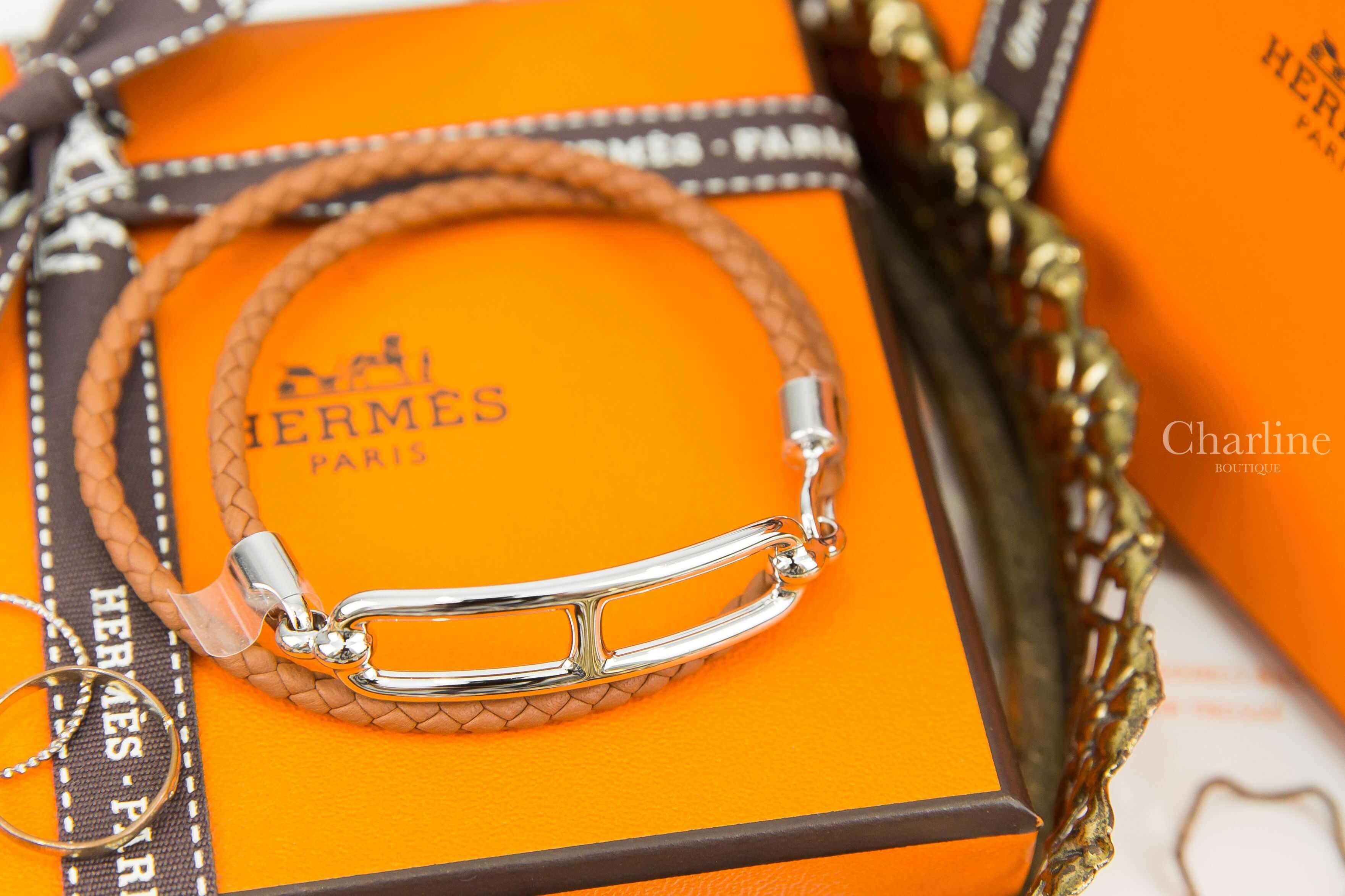 Hermès Roulis Double Tour Bracelet 焦糖色編織θ銀飾手鍊