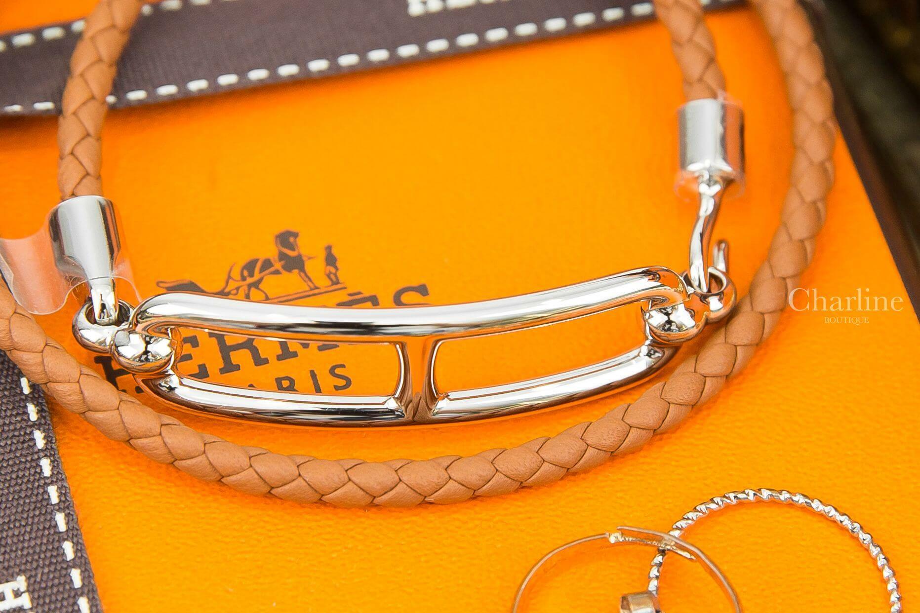 Hermès Roulis Double Tour Bracelet 焦糖色編織θ銀飾手鍊