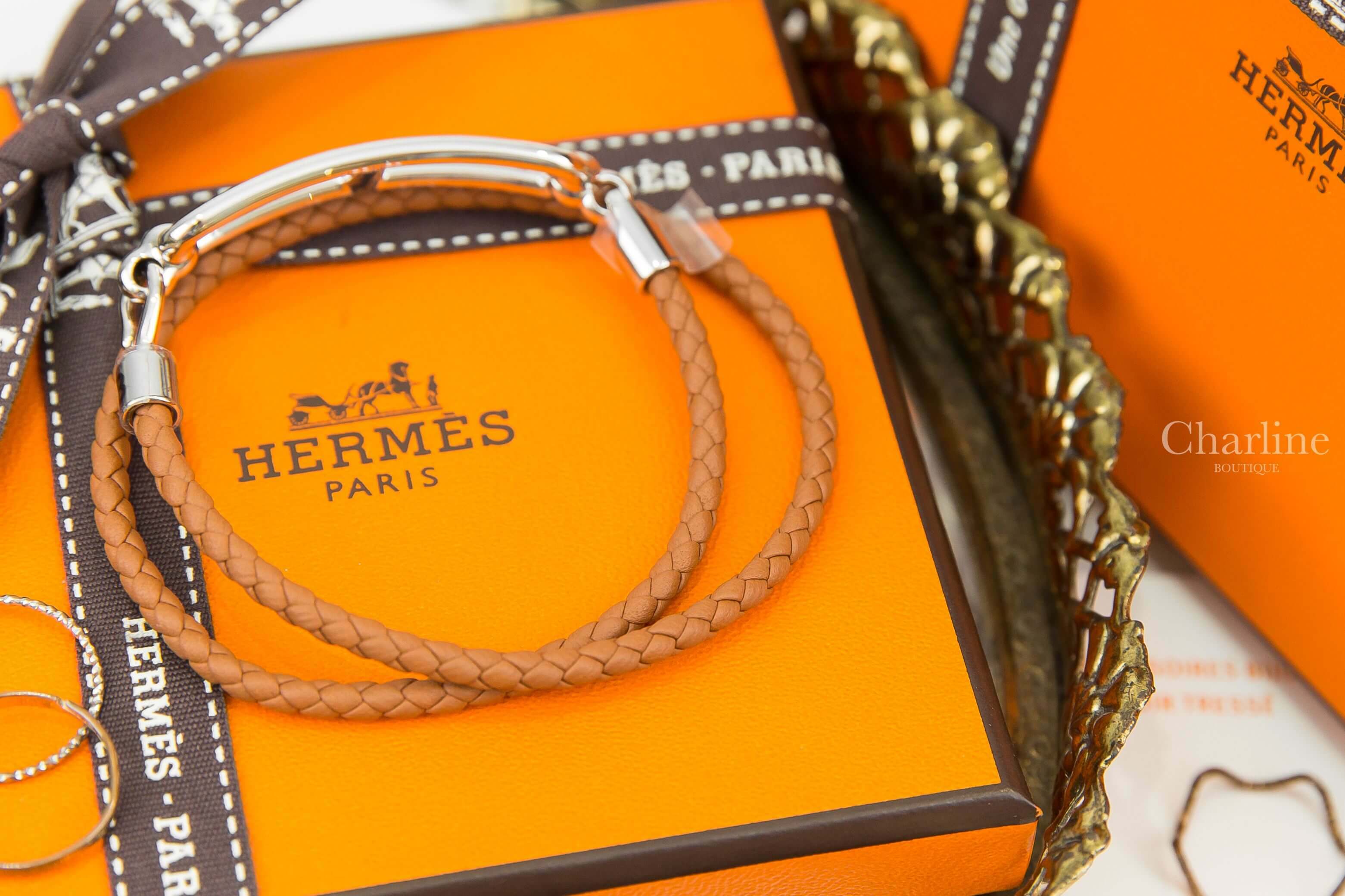 Hermès Roulis Double Tour Bracelet 焦糖色編織θ銀飾手鍊-Charline Boutique 精品代購