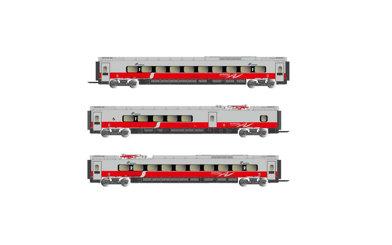 Arnold HN3506 N scale FS, 3-unit pack intermediate coaches for HN2473, "AV Frecciargento"-livery, period VI