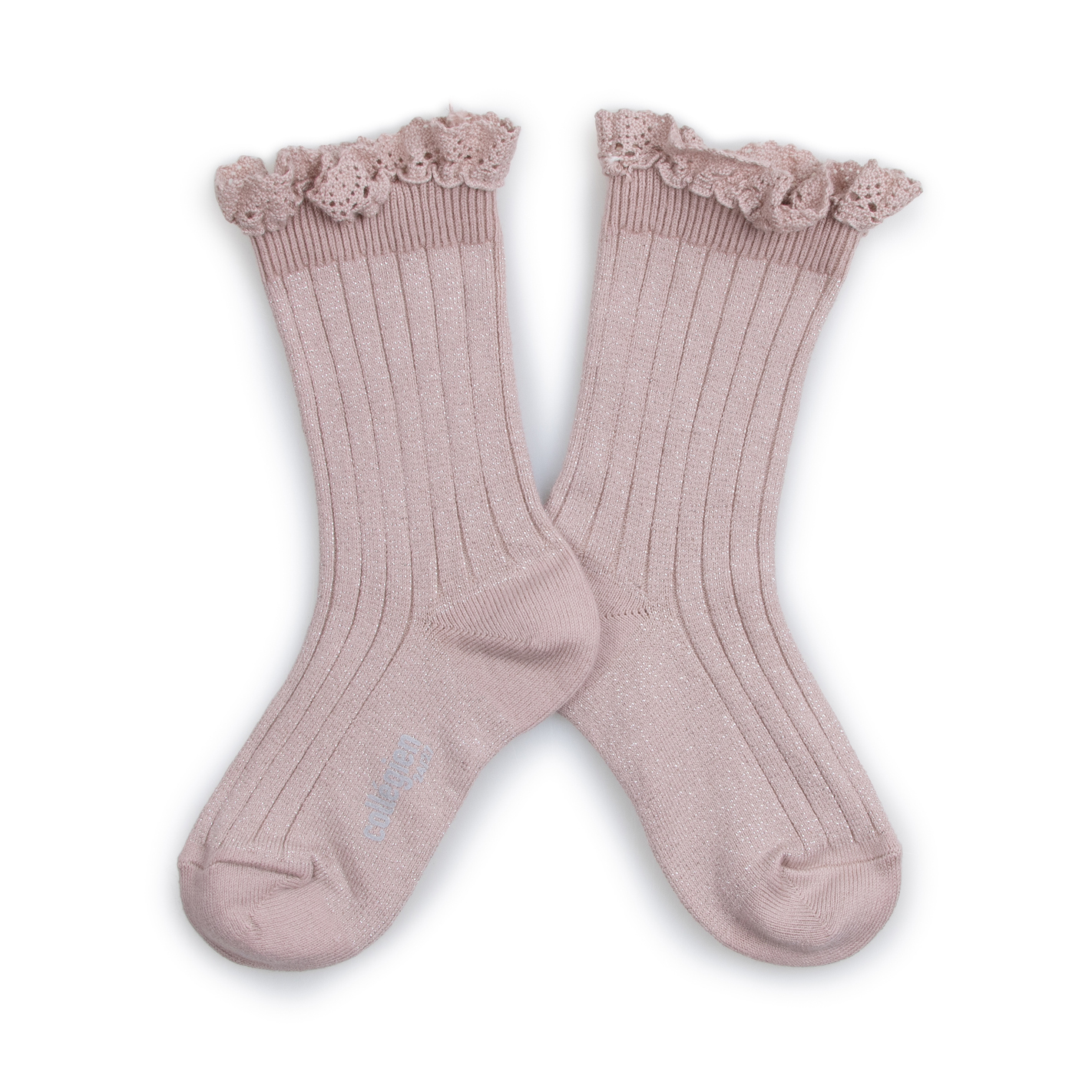 COLLÉGIEN - Victorine Glitter Ribbed Crew Socks with Lace Trim（Vieux Rose）
