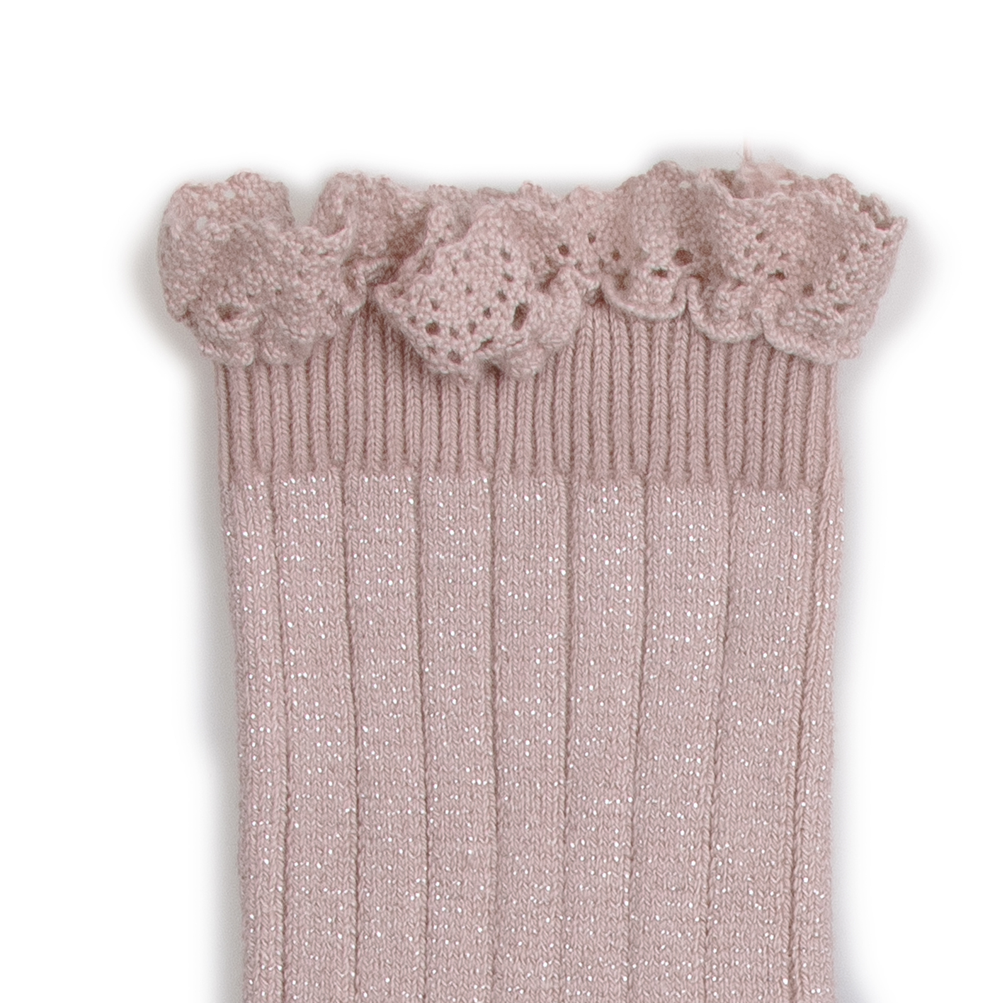 COLLÉGIEN - Victorine Glitter Ribbed Crew Socks with Lace Trim（Vieux Rose）