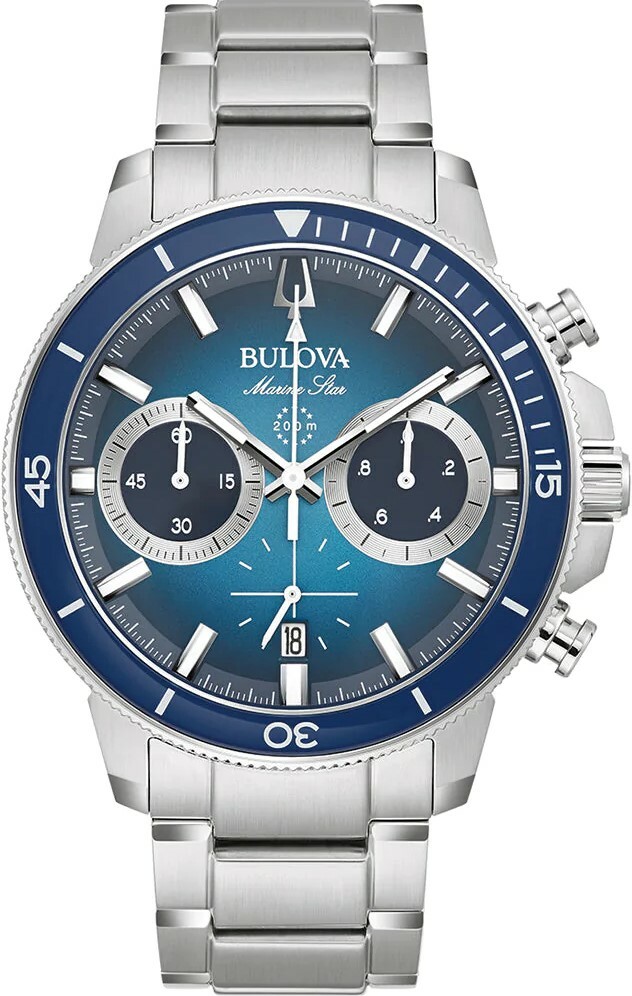 萬年鐘錶 - BULOVA 寶路華 海洋之星 Marine Star  漸層藍計時男錶  96B380  錶徑 45MM