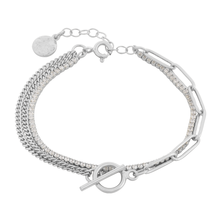 純銀手鍊，女士手鍊 仿T型扣造型；鑲鋯雙層鍊身設計（2647銀色）