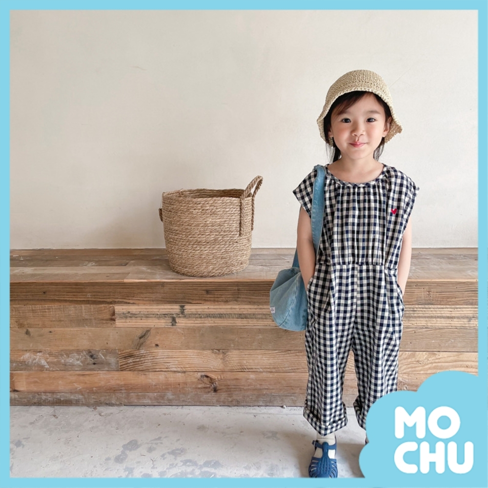 格子小愛心棉麻連身褲(兩色)