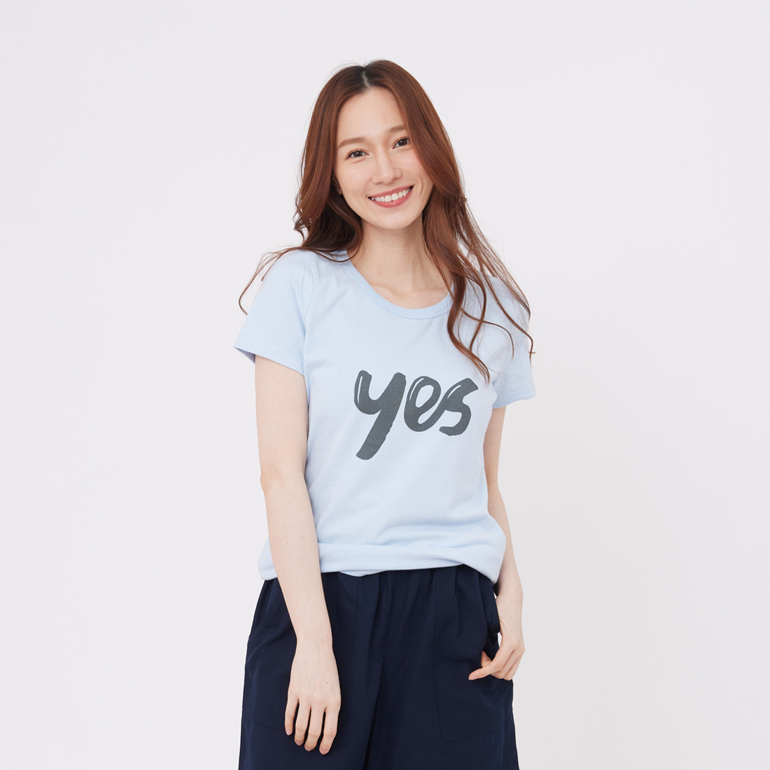 yes 短袖 蜜桃棉 女T 水藍