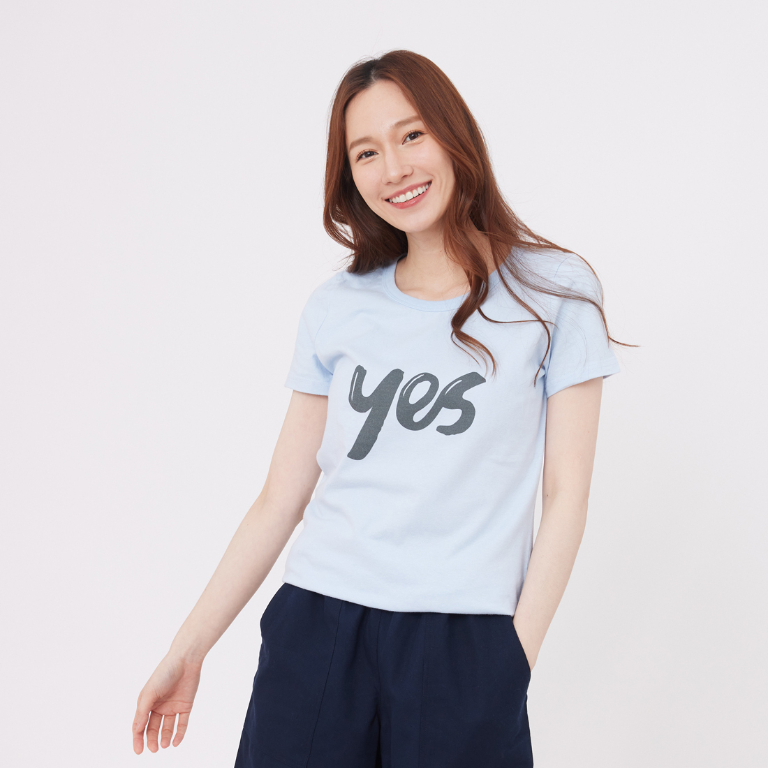yes 短袖 蜜桃棉 女T 水藍