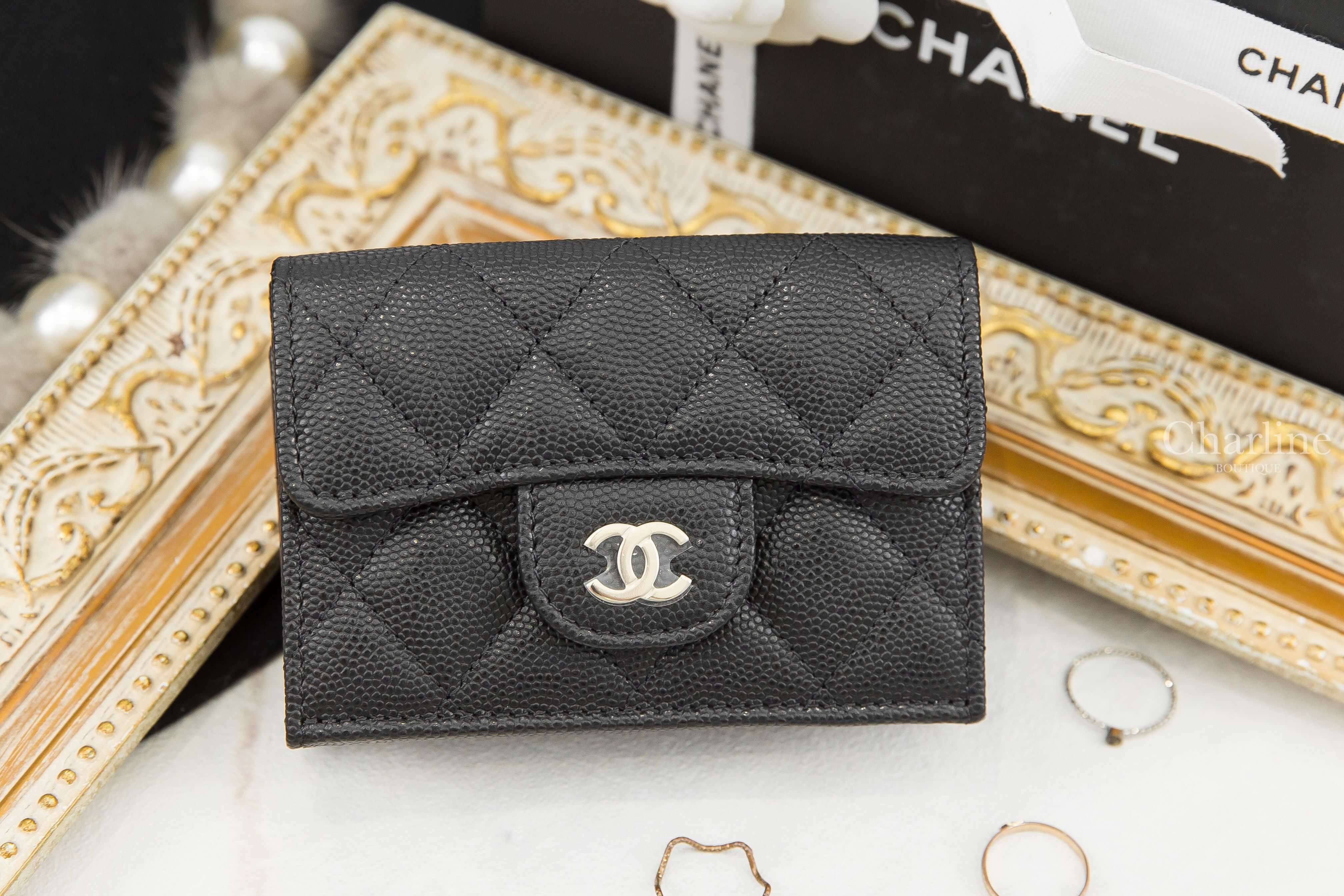 Chanel Wallet 黑色金CC荔枝菱格紋釦式卡片三折短夾-Charline Boutique