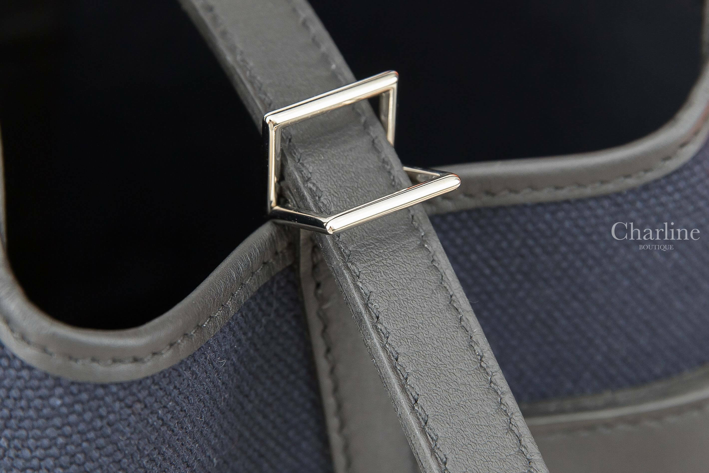 Hermès Picotin Lock 18 Pocket Bag Goeland / Veau Swift 海洋藍帆布拼黑藍色牛皮銀釦小型提把水桶包