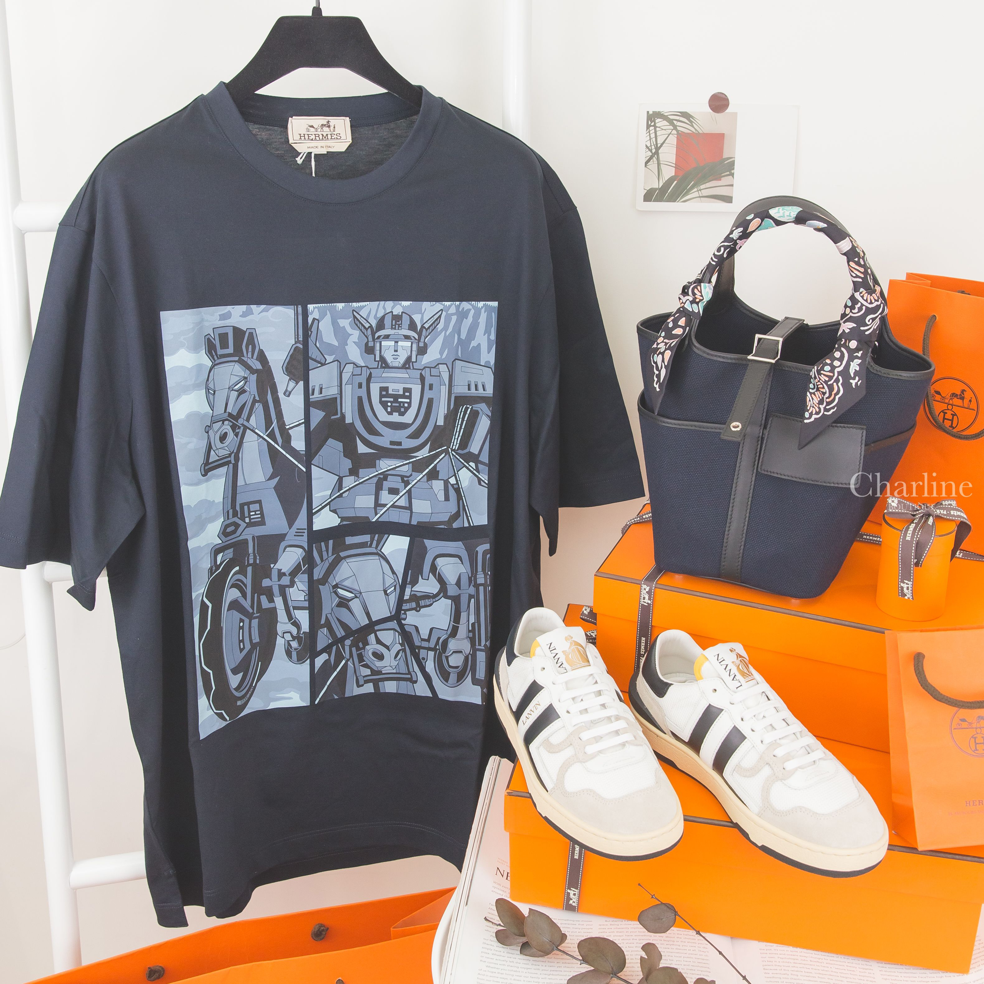 Hermès Picotin 18 Pocket Bag Goeland Canvas/Swift Z刻海洋藍帆布拼黑色牛皮銀釦小型提把水桶包,Hermès Twilly 黑色/綠色/玫瑰粉春天島嶼絲巾-Charline Boutique 精品代購