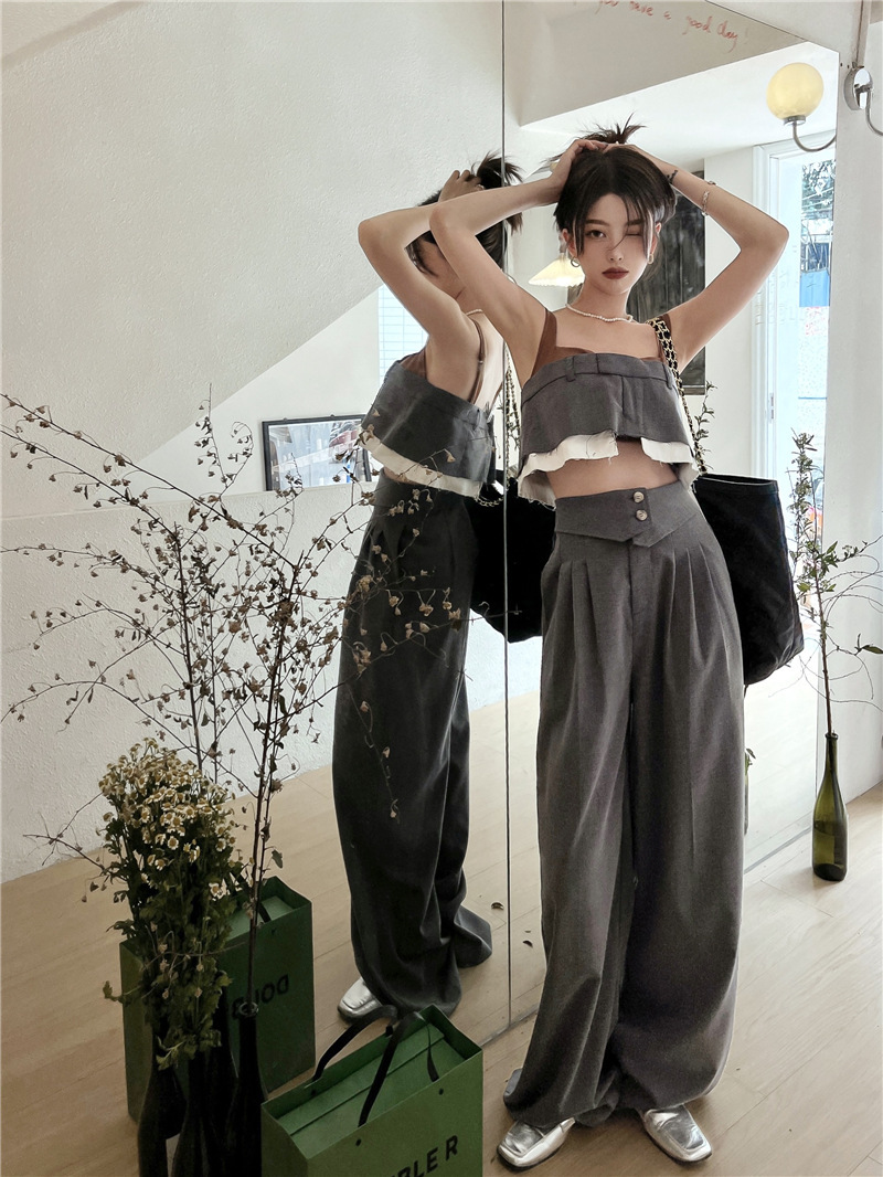 假2件短上衣+高腰寬褲 (套裝)