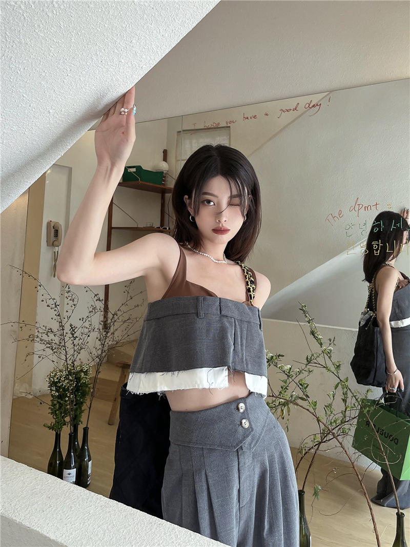 假2件短上衣+高腰寬褲 (套裝)