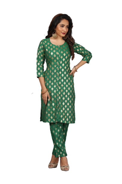 Sonali Women's Green Soft Cool Material Gold Print Kurti Top + Pant Set / Traditional Indian Ladies Suit / Plus Size Suit For Ladies / Baju Muslimah Q1701