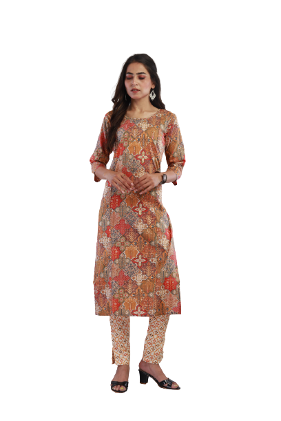 Sonali Women's Mix Colors Top with Brown White Pant Soft Polyster Cotton Material Kurti Top + Pant Set / Traditional Indian Ladies Suit / Plus Size Suit For Ladies / Baju Muslimah Q1704B
