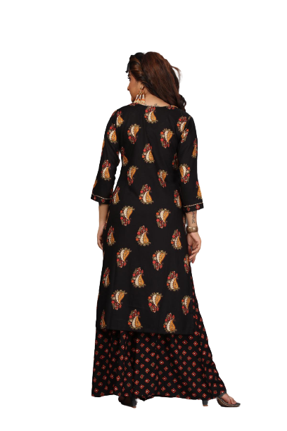 Sonali Women's Black Heavy Rayon Top + Flare Palazzo Set  / Plus Size Top Palazzo Suit / Baju Muslimah Sepasang Baju + Seluar Palazzo Q1707A