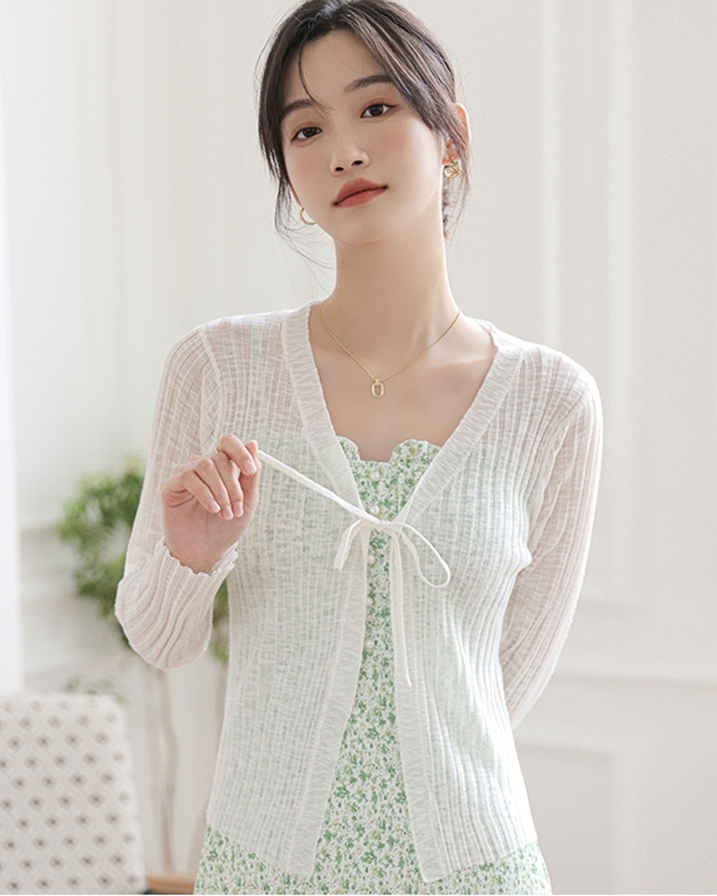 藍M【零碼出清不退換】開襟蝴蝶結綁帶針織罩衫