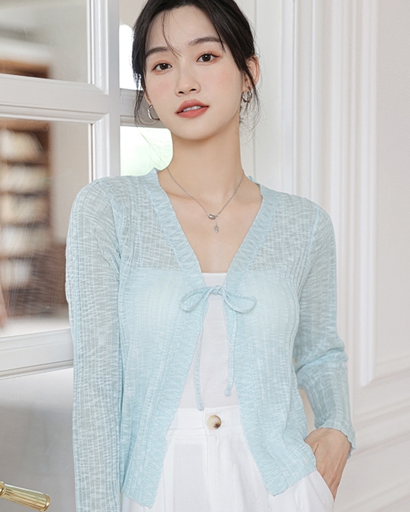 藍M【零碼出清不退換】開襟蝴蝶結綁帶針織罩衫