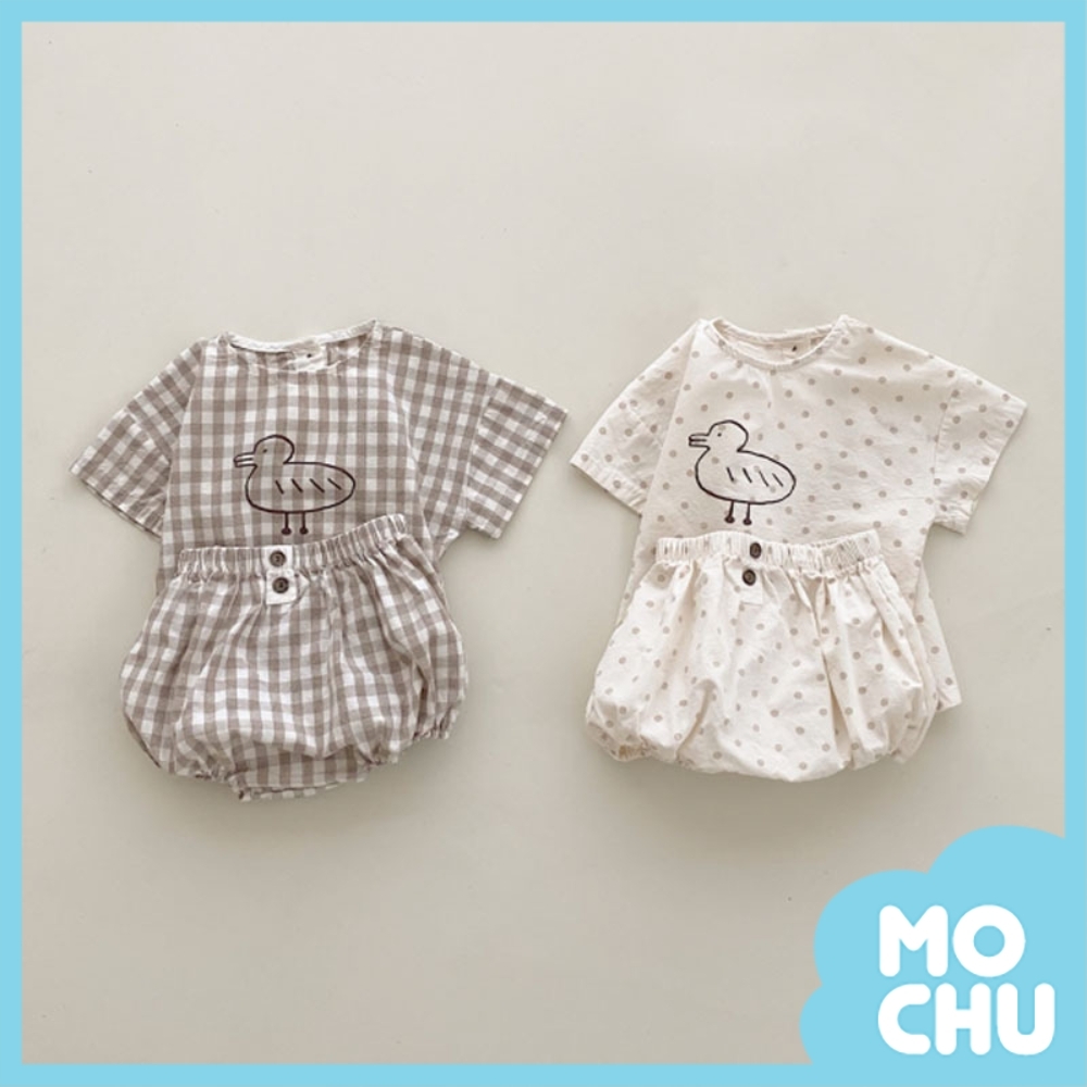 小鴨棉麻短袖上衣+短褲套裝(兩款)