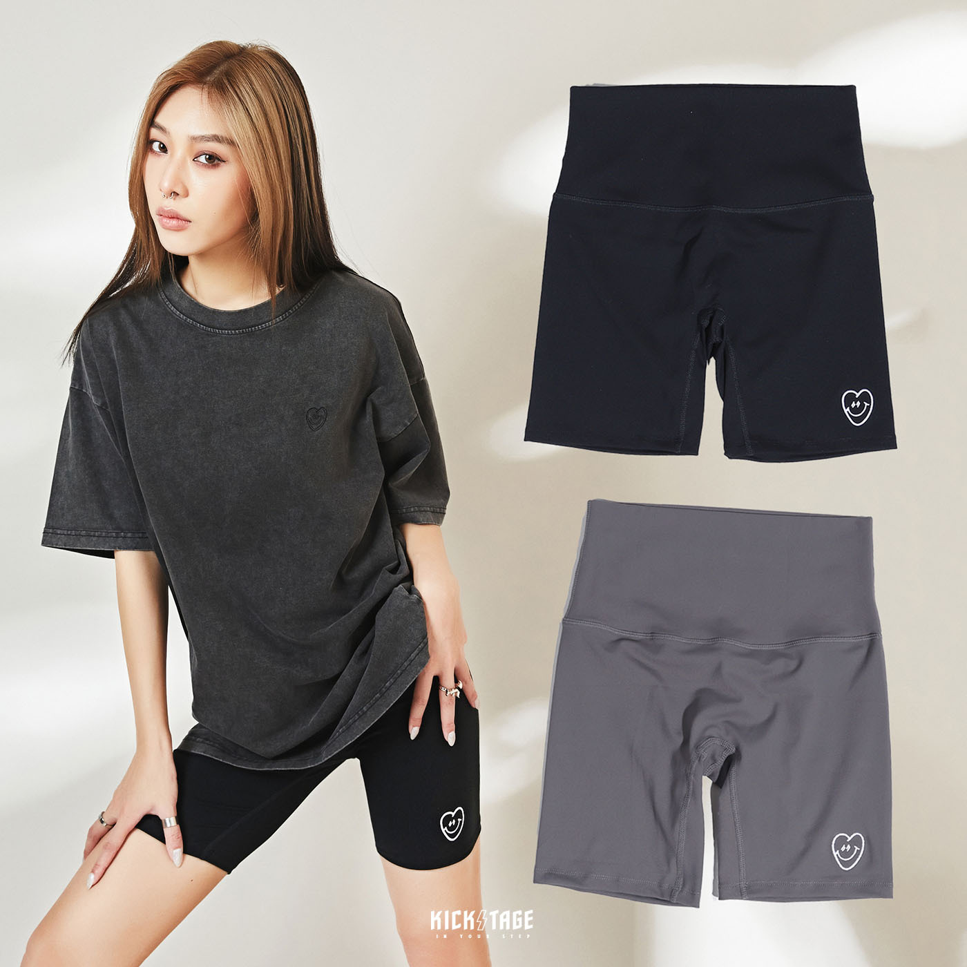 #KEEP BIKE SHORTS 黑色 灰色 五分 微笑愛心 刺繡 高腰 馬褲 緊身褲 內搭褲 單車褲 女款【KS118】