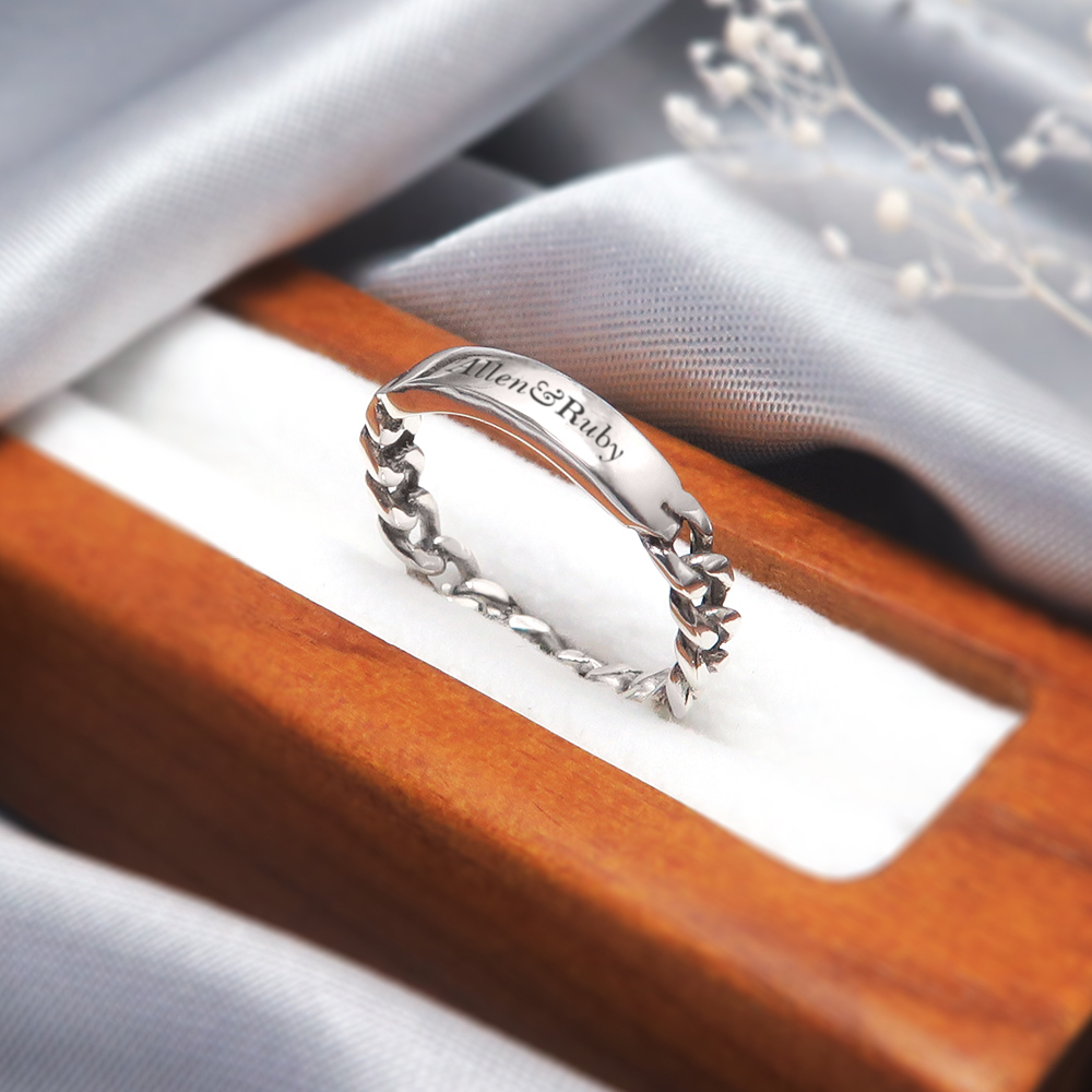 純銀刻字 心心相繫 女戒 鎖鏈設計 925純銀戒指 女生戒指