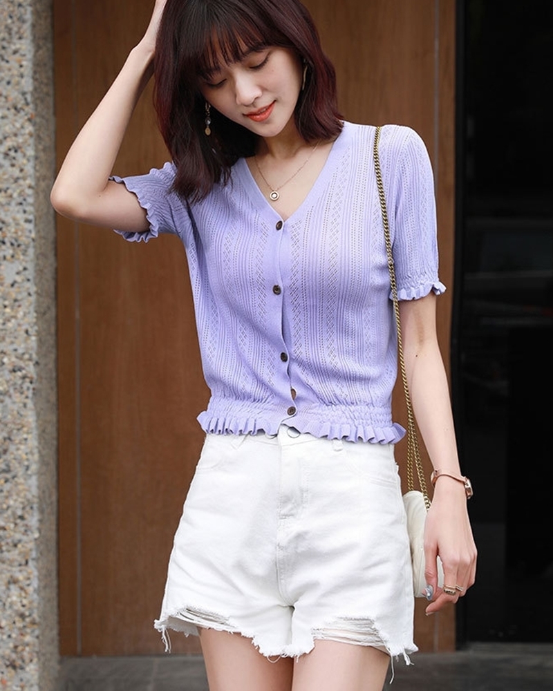 紫M/黑L【零碼出清不退換】木耳袖鈎花針織上衣