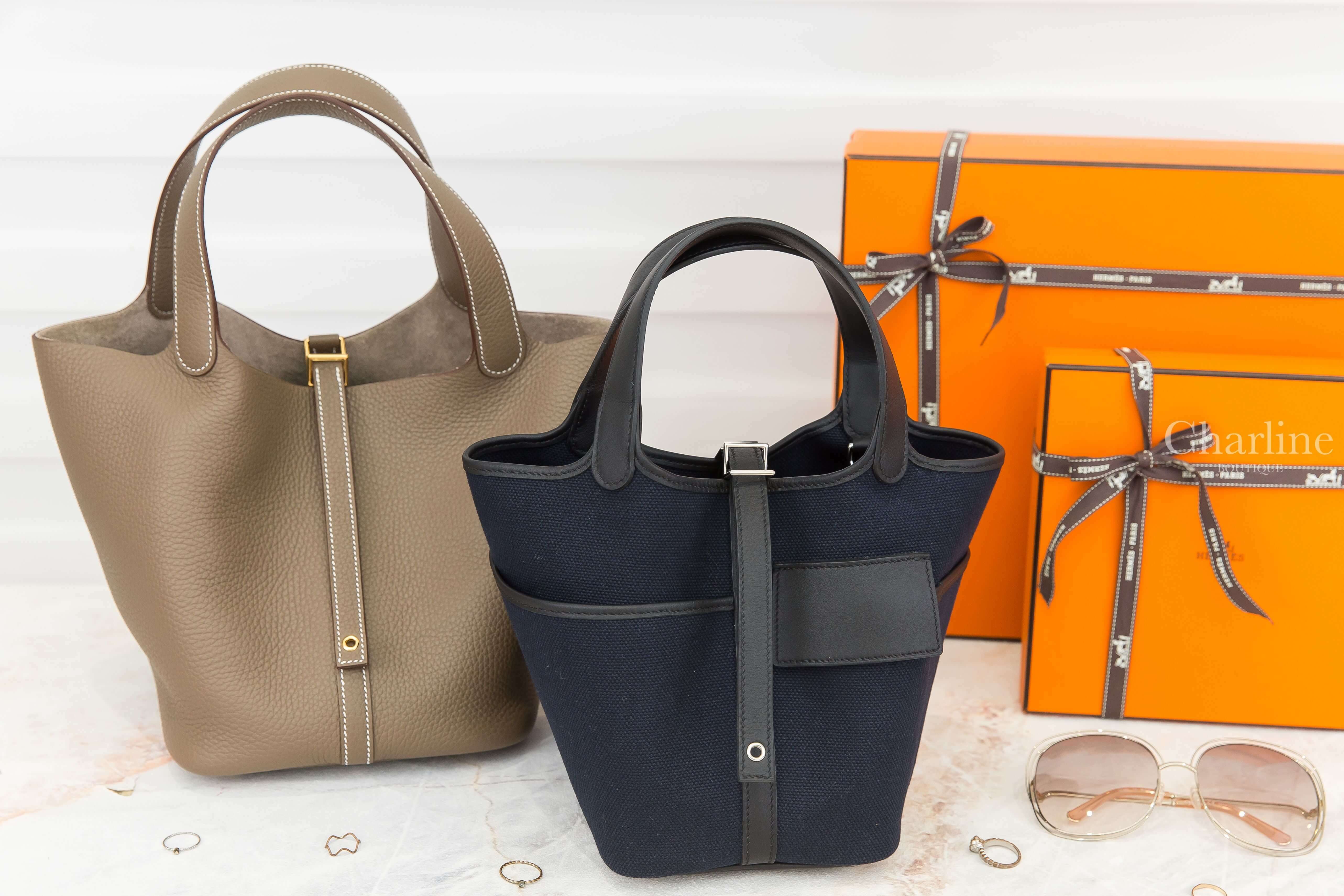 Hermès Picotin 18 Pocket Bag Goeland Canvas/Swift 海洋藍帆布拼黑色牛皮銀釦,Hermès Picotin 22cm 18 Etoupe T/C 大象灰金釦-Charline Boutique 精品代購