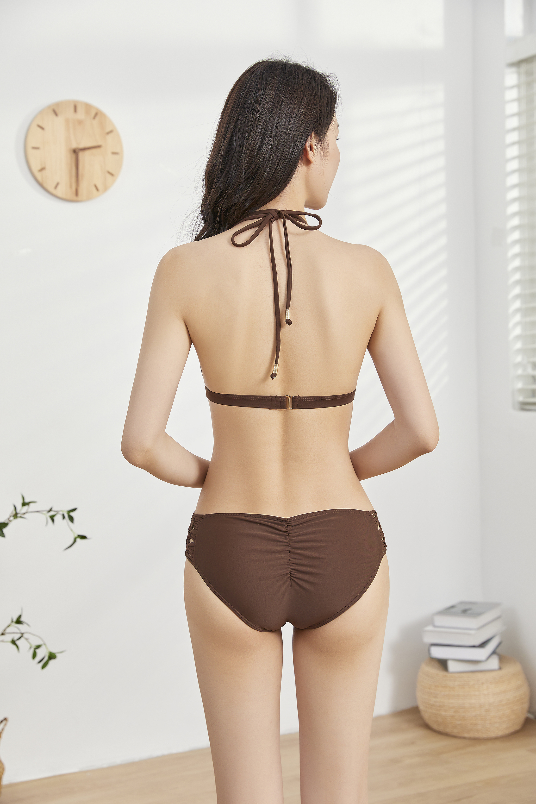 雙綁帶性感縷空連身款泳衣 - 深咖啡