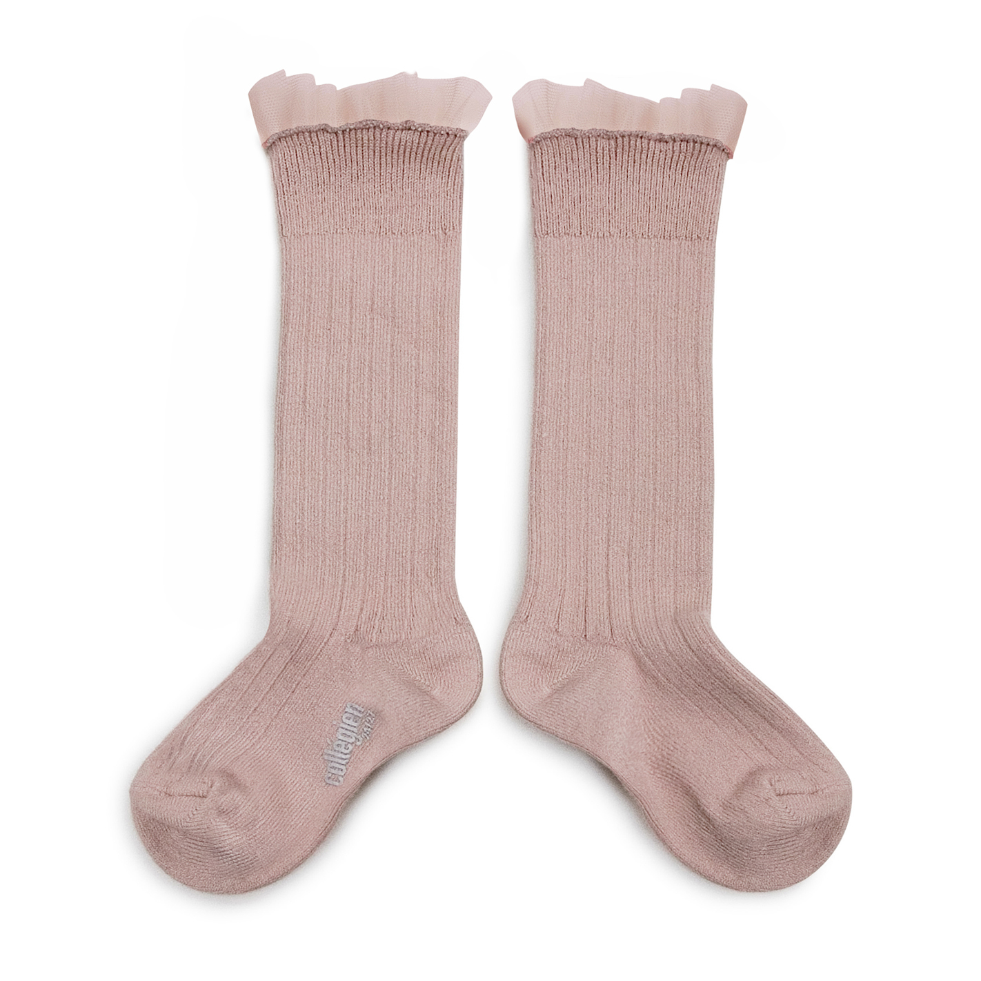 COLLÉGIEN - Manon Tulle Frill Ribbed Knee-High Socks（Vieux Rose）