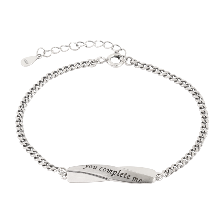 純銀手鍊，情侶手鍊 曲線銀牌造型；you complete me 你使我人生完整（2661女款）