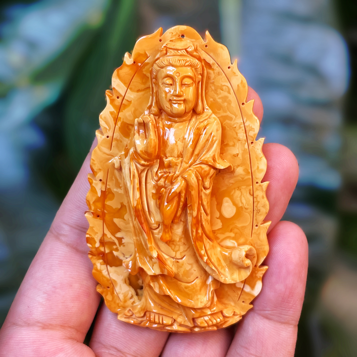 (結緣欣賞)傳家級天然波羅的海氧化白蜜蠟老件淨瓶觀音掛牌