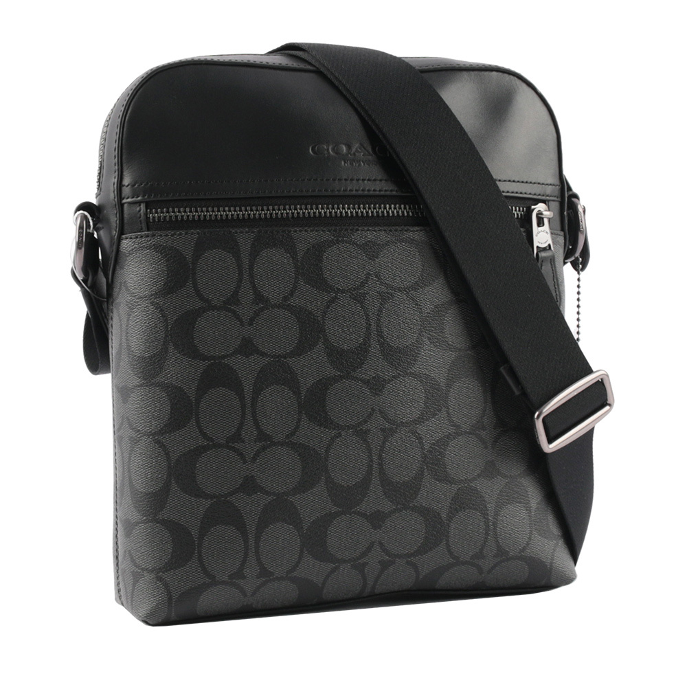 【COACH】Houston 塗層帆布拼牛皮日字斜背包(黑灰色)