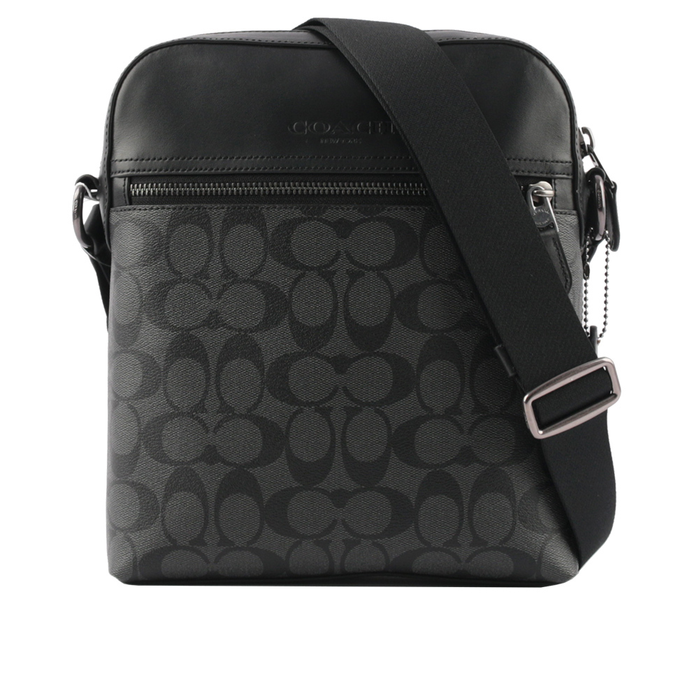 【COACH】Houston 塗層帆布拼牛皮日字斜背包(黑灰色)