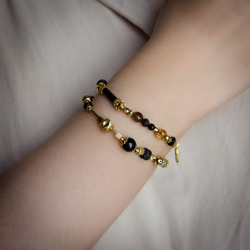 化羽成蝶｜金曜石黑瑪瑙茶晶雙圈手鍊 C1442