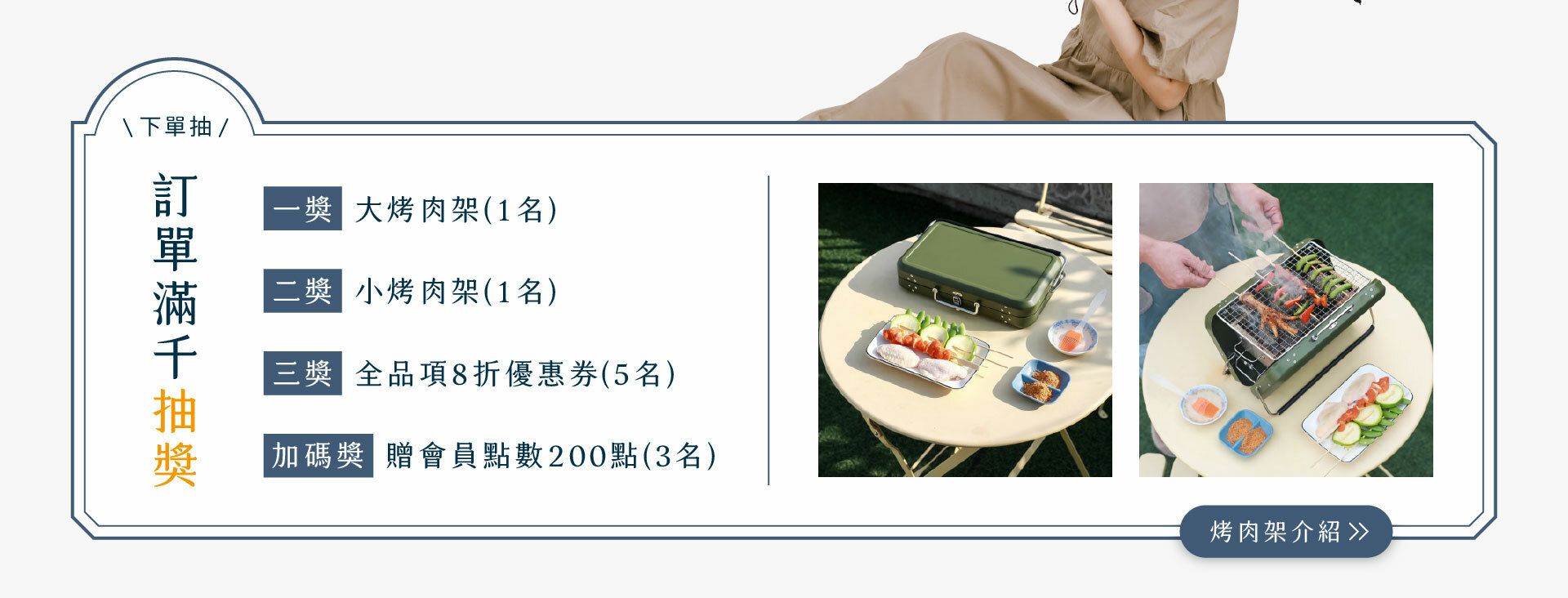 訂單滿千即可擁有抽獎資格，一獎大烤肉架，二獎小烤肉架，三獎8折優惠券，加碼獎會員點數200點，點擊看烤肉架介紹。