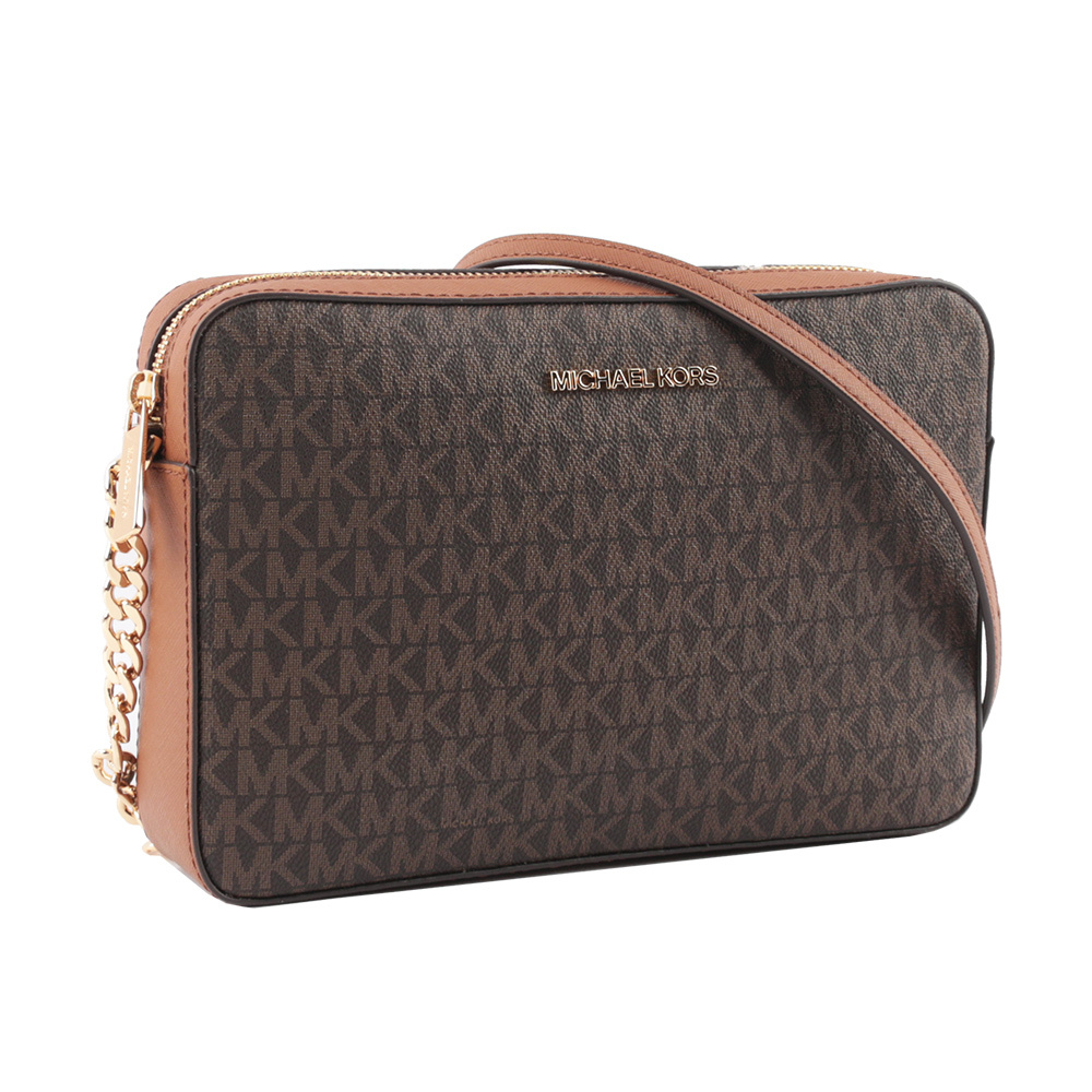 【Michael Kors】金字滿版LOGO拚色方形鏈帶斜背包(咖啡色)