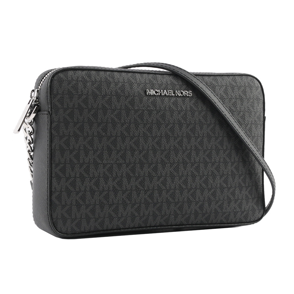 【Michael Kors】銀字滿版LOGO拚色方形鏈帶斜背包(黑色)