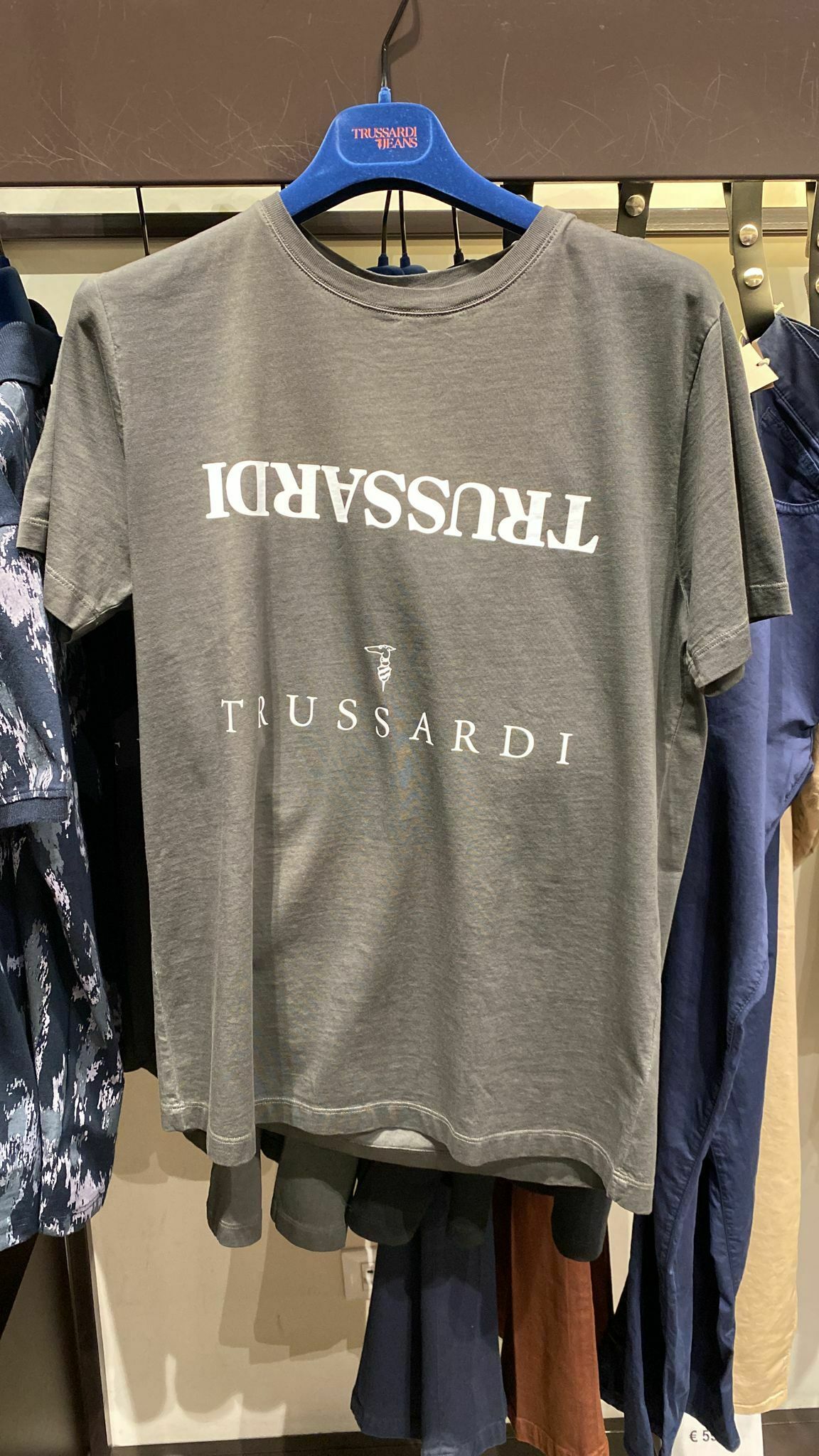 [S] TRUSSARDI T-SHIRT LOGO PRINT VINTAGE DYED COTTON,FORGED IRON, 52T00543_1T005625-E173, FINAL SALE (STJ27)